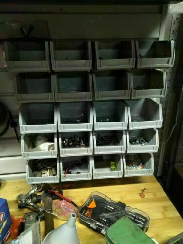 20 Bin Rail Mount Stackable Parts Storage Screws Bolts Nuts Organizer Shop Bins gallery