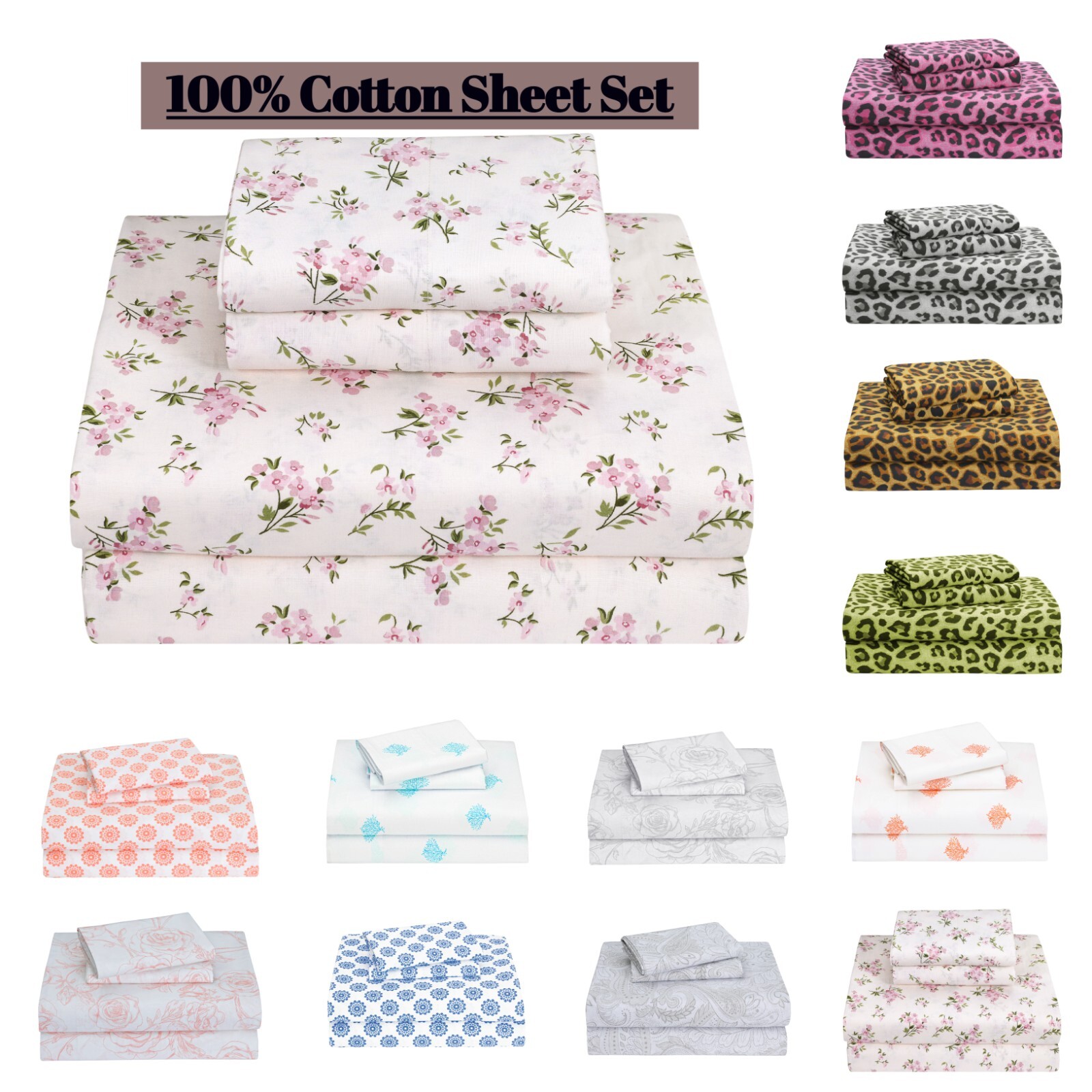 4-Piece Bed Sheet Set 100% Cotton Flat Fitted Sheets queen sheet set deep pocket gallery
