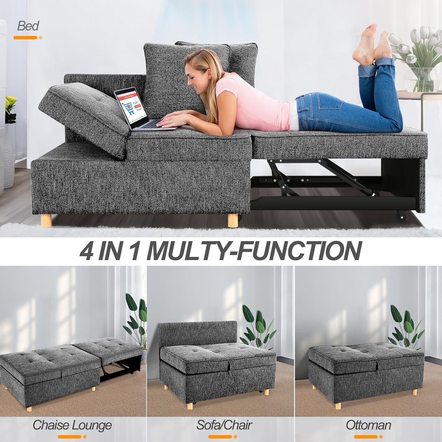 71IN Sofa Bed 4-in-1 Convertible Sleeper Chair Single Recliner w/2 Throw Pillows gallery