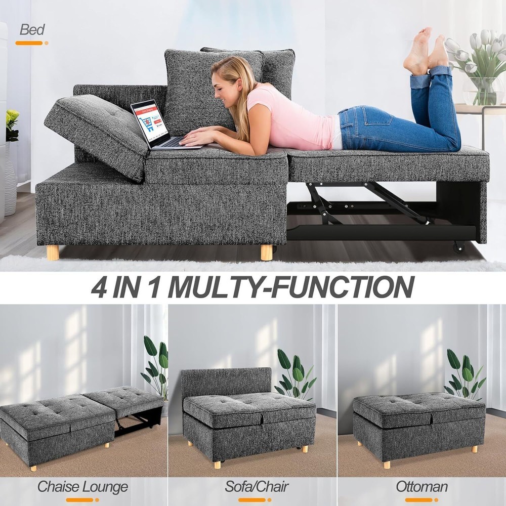 71IN Sofa Bed 4-in-1 Convertible Sleeper Chair Single Recliner w/2 Throw Pillows