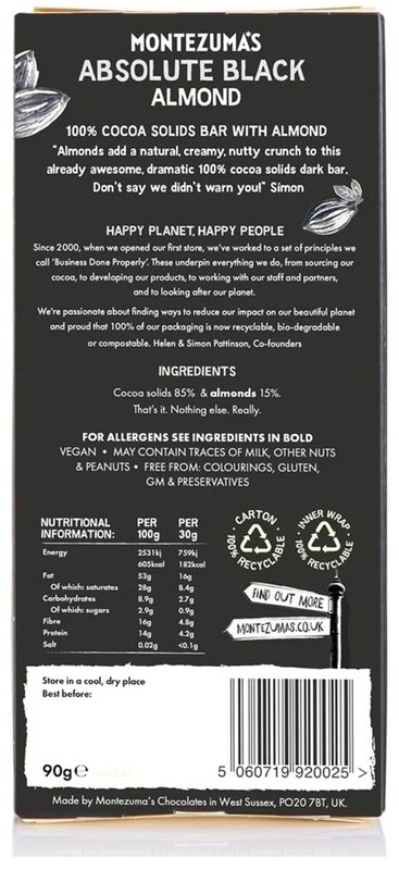 MONTEZUMA CHOCOLATE ABSOLUTE BLACK 100% COCOA WITH ALMONDS 90g BAR gallery