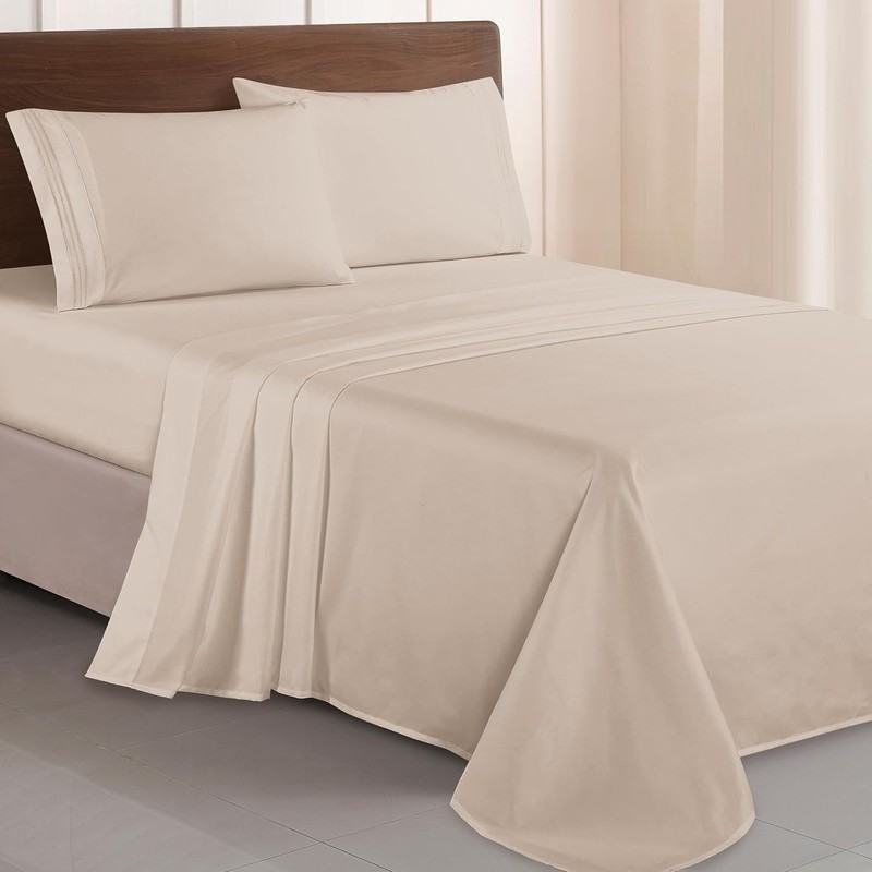 Hotel Quality Embroidered Microfiber Sheet Set, Queen, Cream gallery