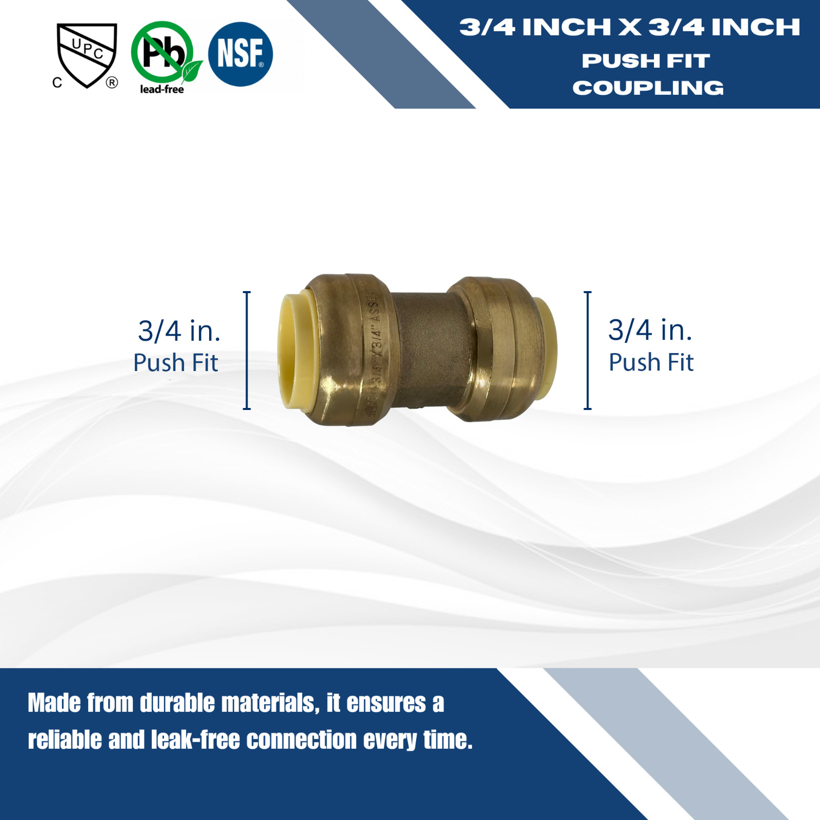 5 Pcs. 3/4" X 3/4" Push Fit Coupling, Lead Free Brass, 27-1-2=5X gallery