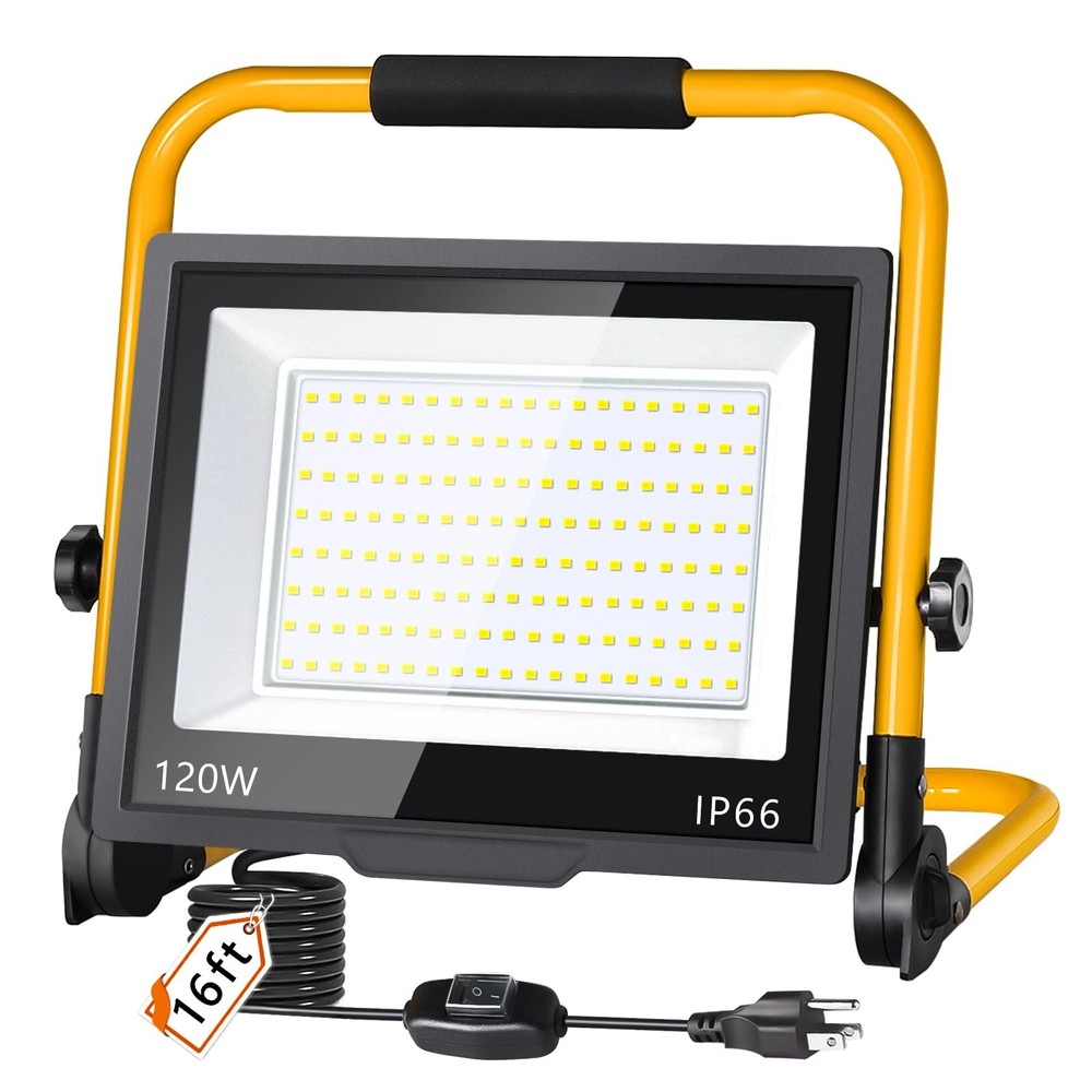 120W LED Work Light, 14400LM Flood Light with 16ft Cord & Switch, 1200W Equiv...