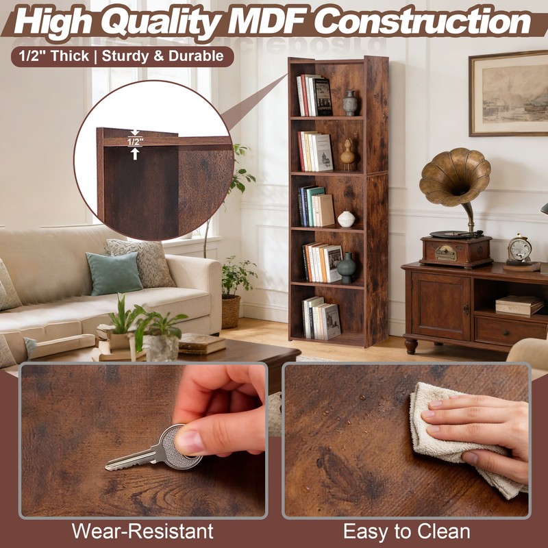 Organizer MDF Bookshelf Open Shelf Bookcase Storage Shelf 5-Tier Rustic Brown gallery