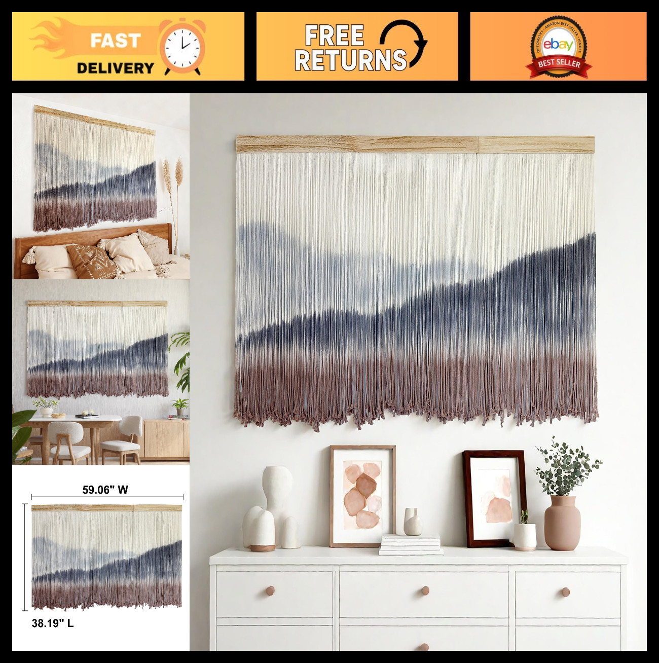 Extra Large Macrame Wall Hanging Tapestry - Boho Mountain Dip-Dye Decor 59"x38 gallery