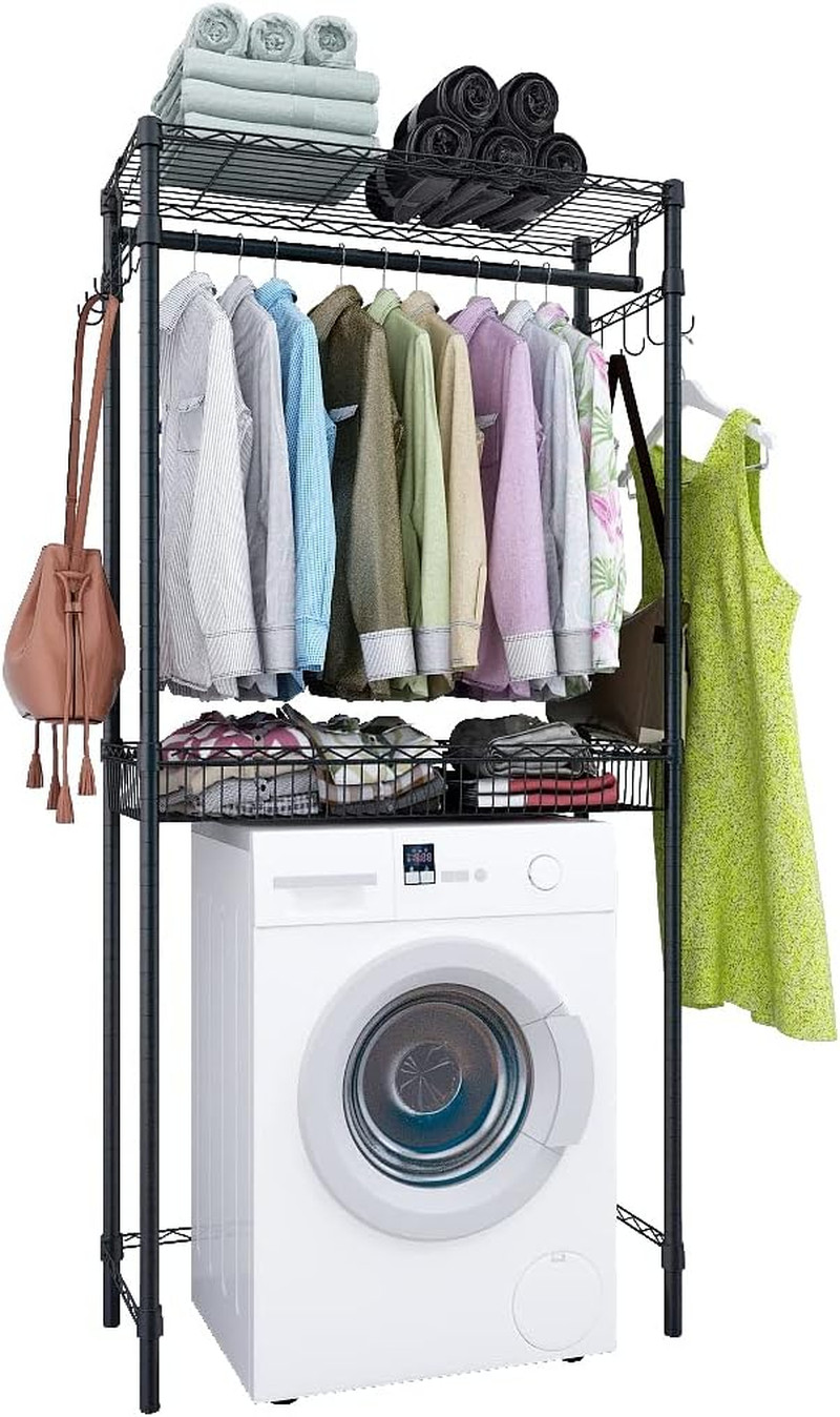 Adjustable 2-Tier Washer Dryer Storage Shelf with Hooks - Black Laundry Rack gallery
