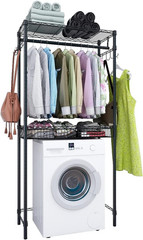 Adjustable 2-Tier Washer Dryer Storage Shelf with Hooks – Black Laundry Rack