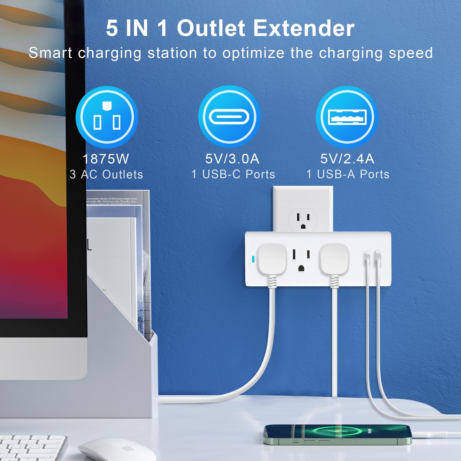 Multi Plug Outlet Extender, 3 AC+2 USB A and C Ports Power Strip with Indicat... gallery