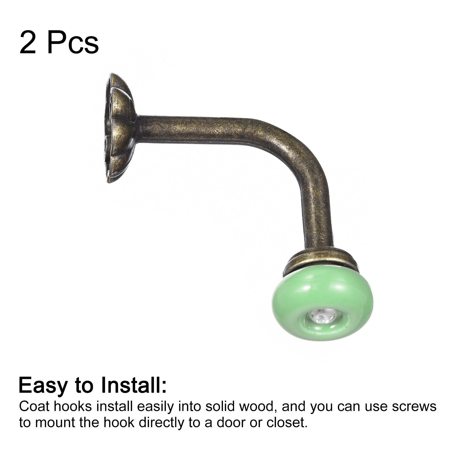 2Pcs Wall Hooks Zinc Alloy Single Prong Ceramic Handle Coat Hook Green gallery