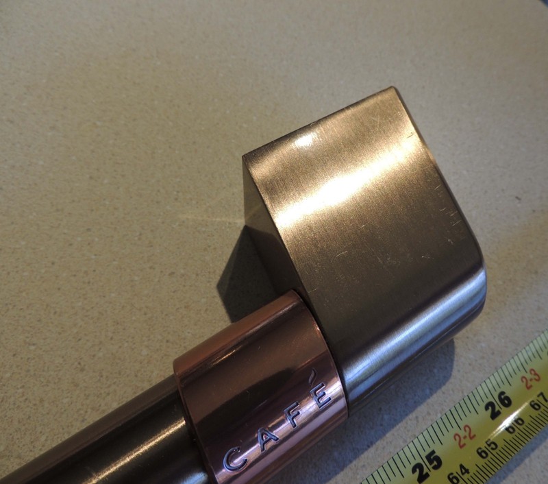 CAFE Appliance Replacement Handle, 28", 27" cntrs, Brass color, +scratches gallery