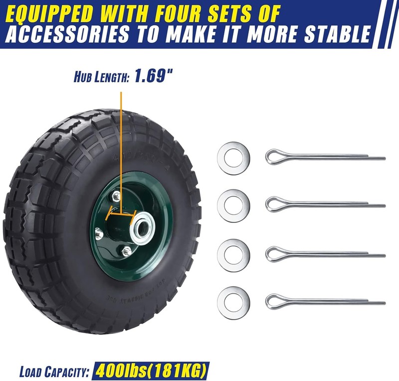 4 Pcs 10" Flat Free Tires Solid Pneumatic Tires Wheels, 4.10/3.50-4 Air Less Tir gallery