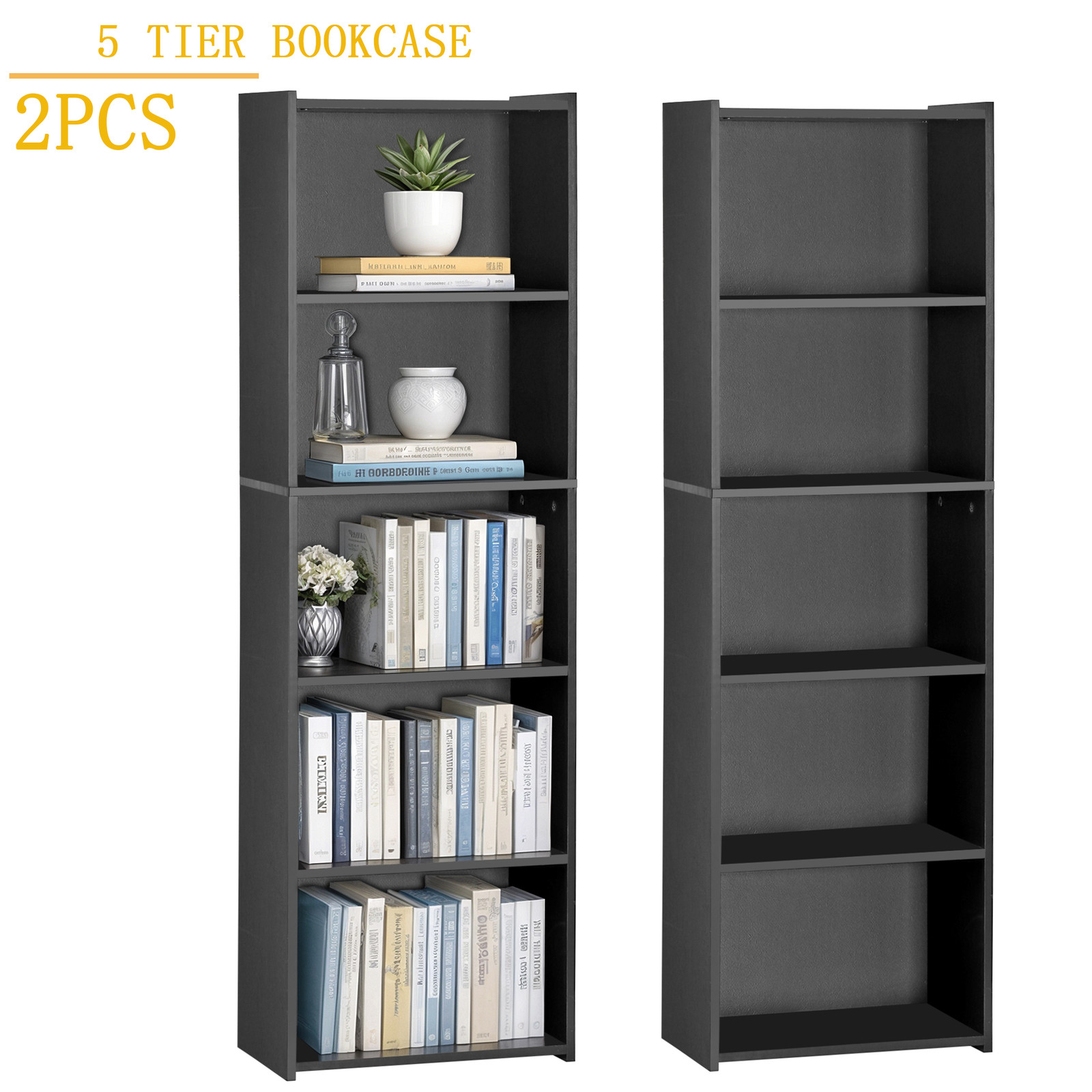 2PCS 5 Tier Bookcase Organizer Open Book Shelf MDF PB Bookshelf Display Black gallery