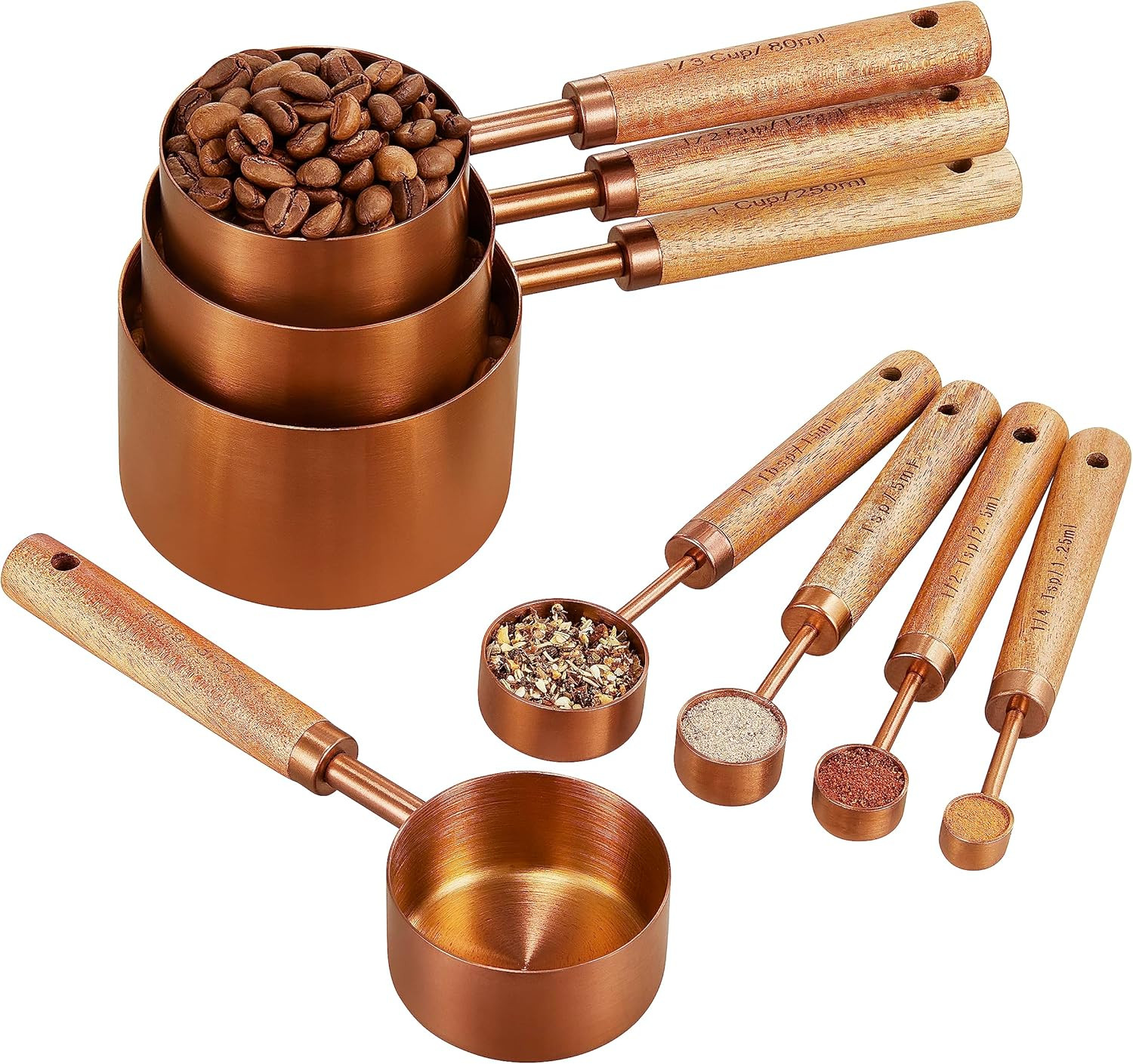 Copper Stainless Steel Measuring Cups and Spoons Set of 8, Wooden Handle with US gallery