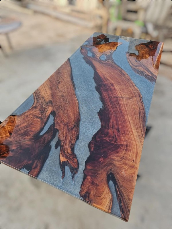 Dark Walnut Gray Epoxy River Table Top Live Edge Dining gallery