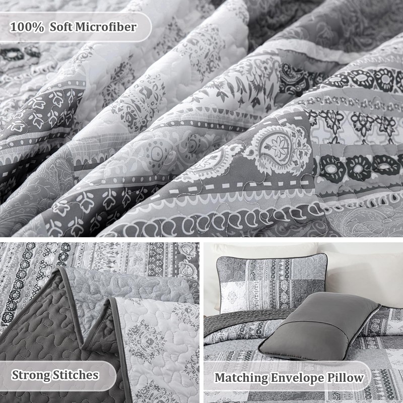Grey Quilt Set Queen Size Boho Patchwork Bedspread Coverlet 3 Pieces, Bohemia... gallery
