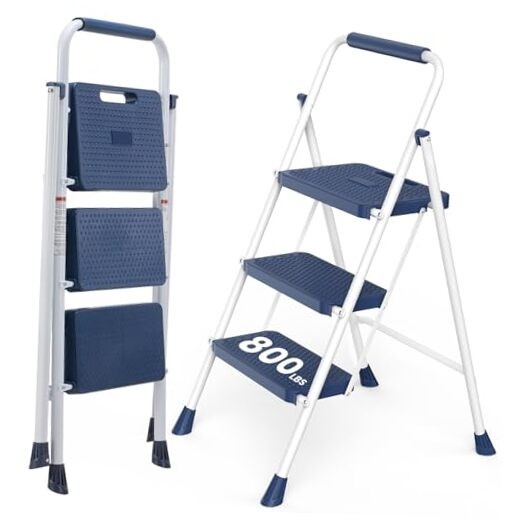 Step Ladder 3 Step, Folding Step Stool with Wide Anti-Slip 3-Step + 800LBS Blue gallery