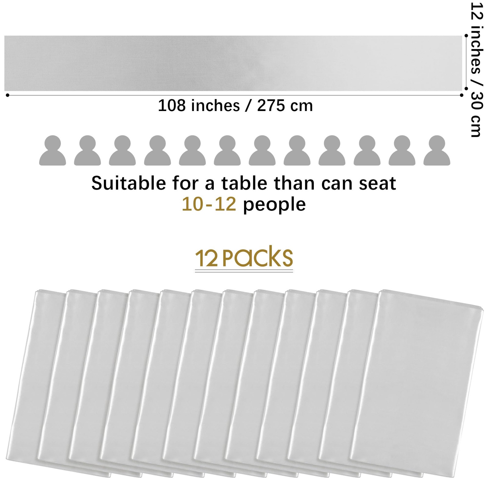 12 Pack 12x108 Inch Light Silver Long Wedding Satin Silk Table Runner for Party gallery
