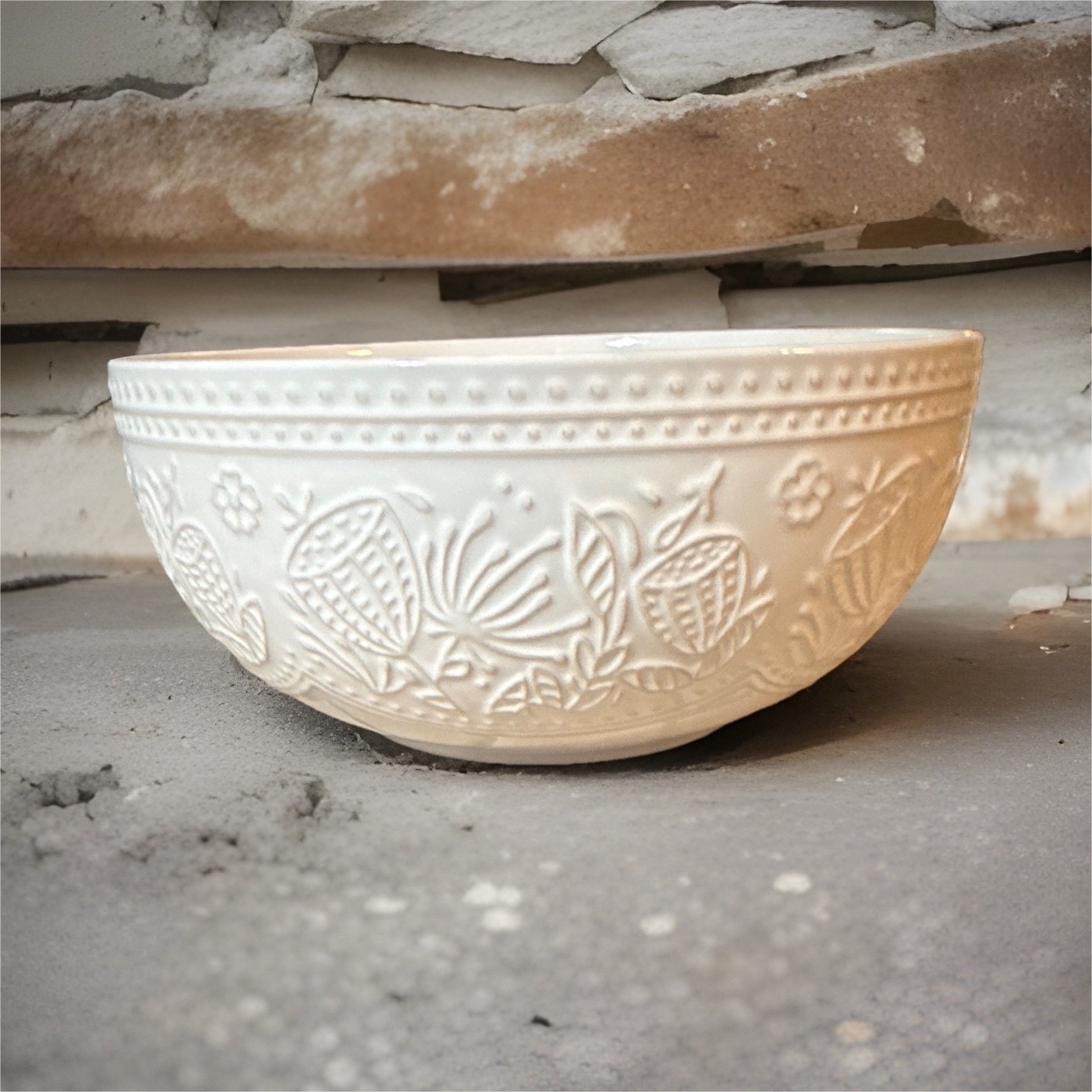 overandback Beige Embossed Round Stoneware Bowl, Adults Tabletop Serveware gallery