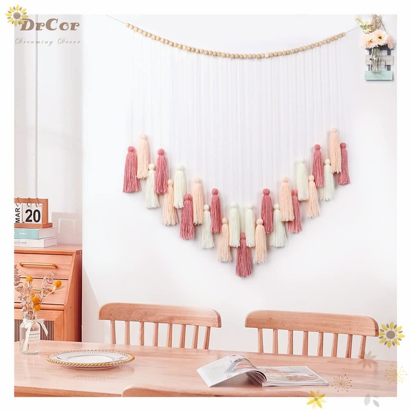 DrCor Blush Pink Boho Macrame Wall Hanging – Handmade Rose Gold Tassel Decor ... gallery
