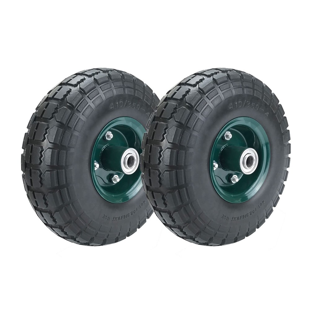 2 PCS 10 Inch Flat Free Solid Tires 4.10/3.504 Airless 5/8 Center Bearings