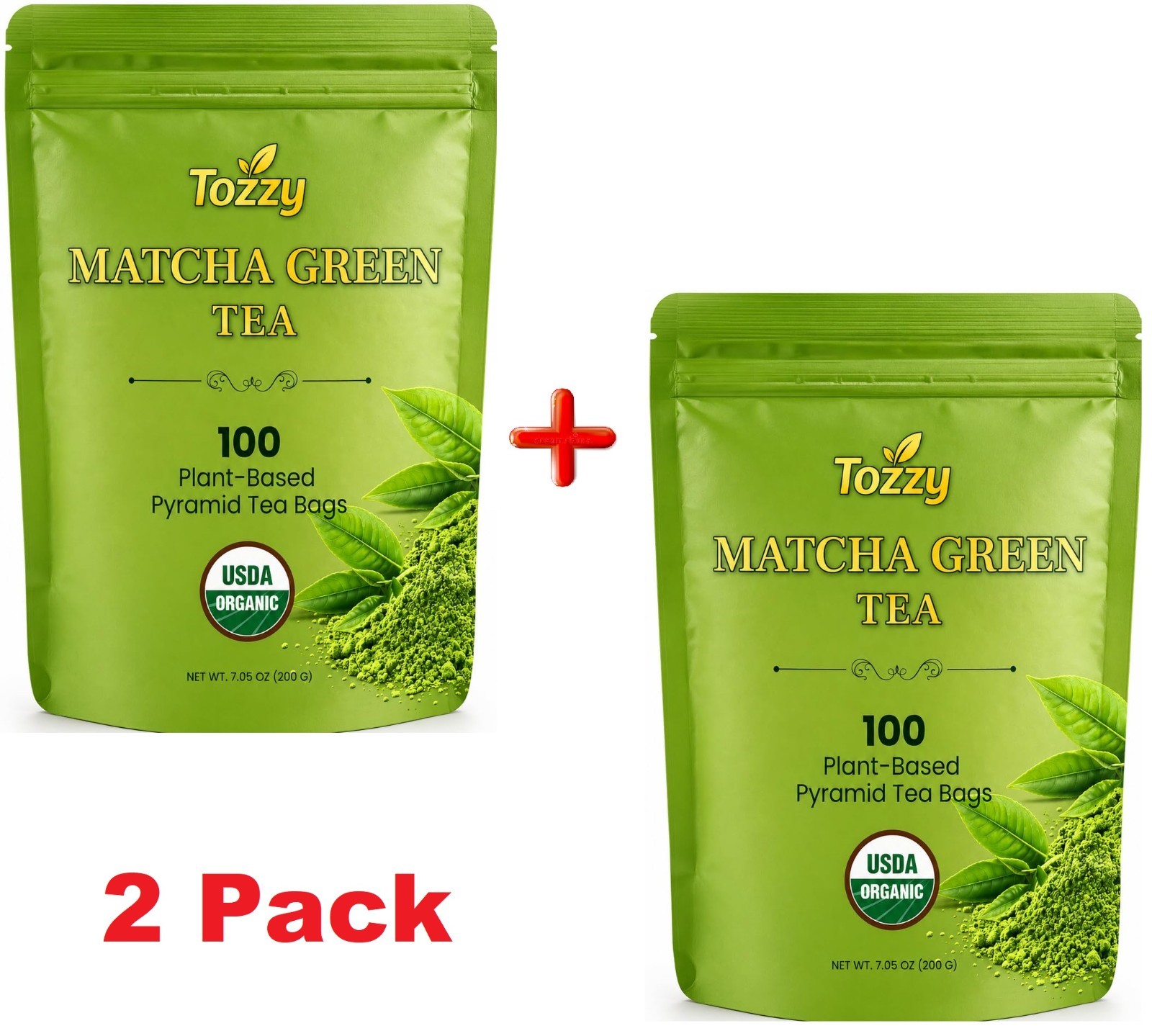 Tozzy Organic Matcha Green Tea 100 Count, Plant-Based Pyramid Tea Bags 2 PACK gallery