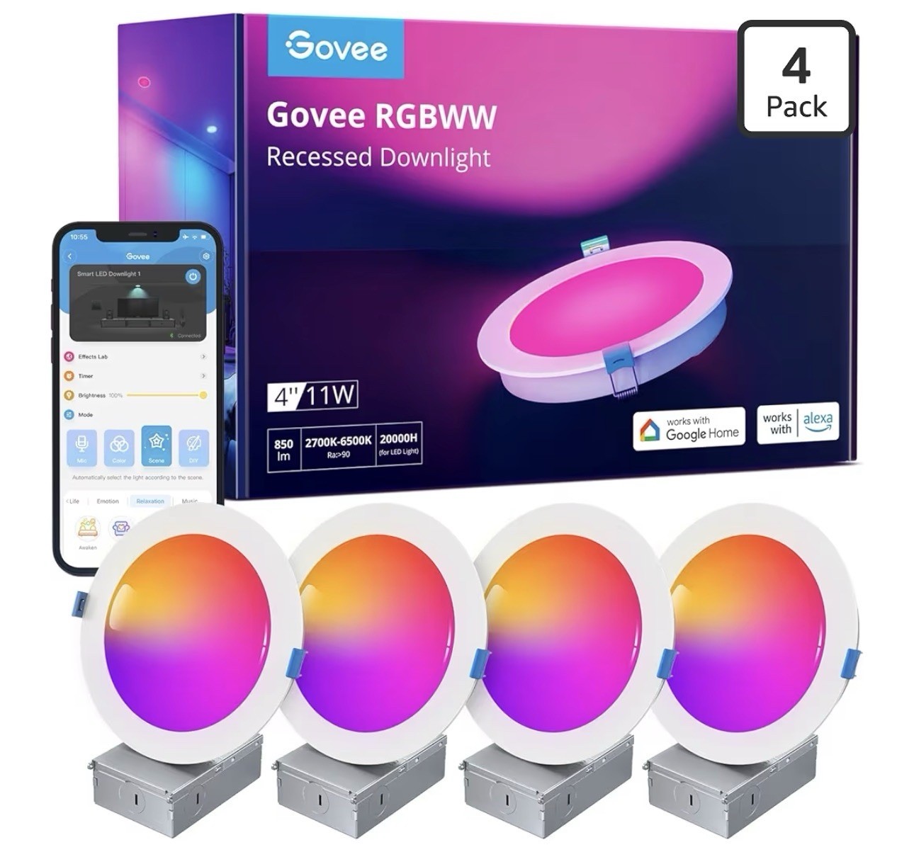 Govee Smart Recessed Lighting 4 Inch Wi-Fi Bluetooth Direct Connect RGBWW 4 Pack gallery
