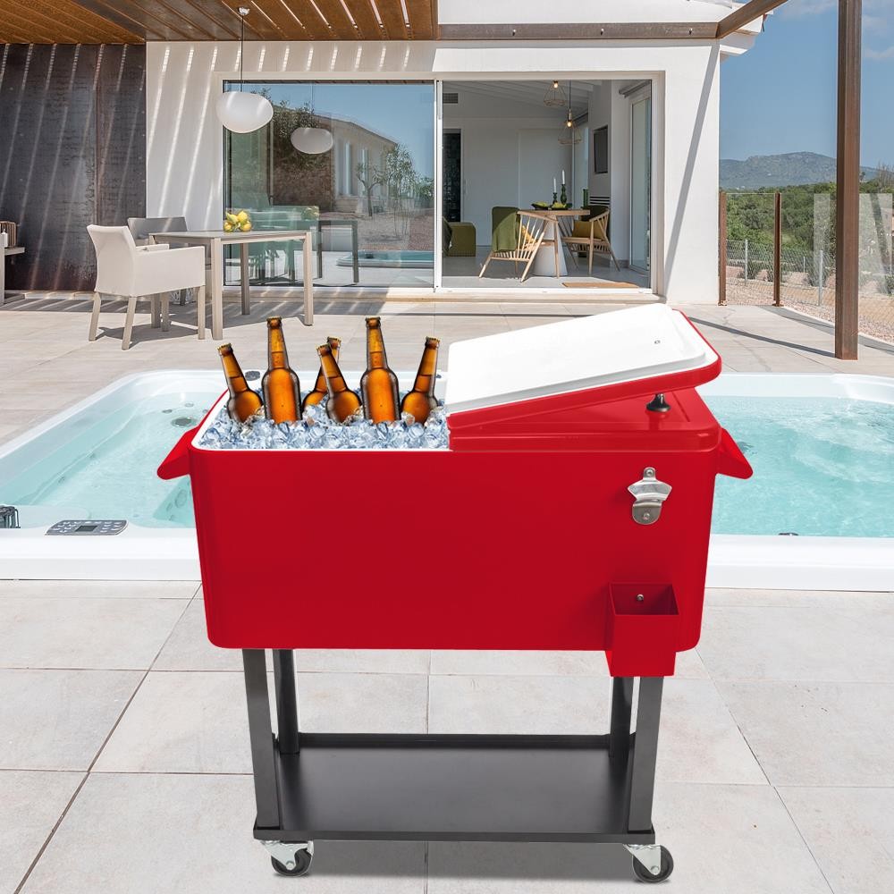 Rolling Cooler Picnic 80QT Outdoo Cooler Ice Chest Party Cooler Cart Red gallery