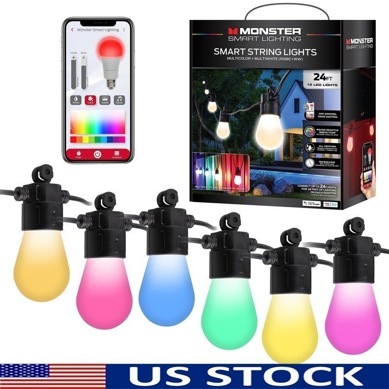 Smart Weather Resistant LED String Lights 24ft Sound Reactive RGB Control App US