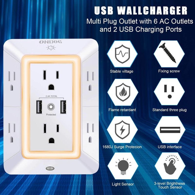 3 Sided Outlet Extender 6 AC Outlets 2 USB Ports LED Night Light 1680J gallery