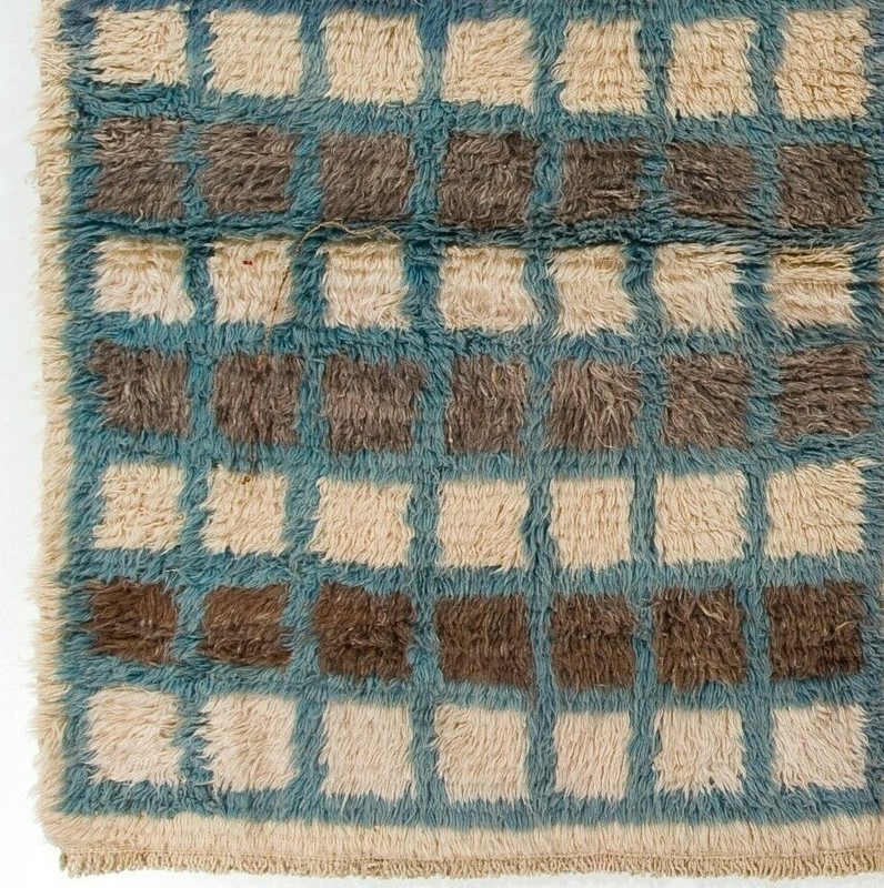 Handmade Blue, Gray and Ivory Checkered Tulu Rug. 100% Wool in Finest Quality gallery