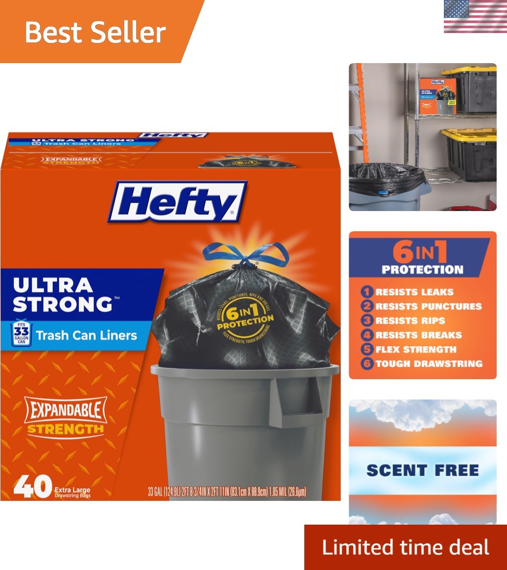 Extra Large 33 Gallon Trash Bags - 40 Count, Tough Drawstring Closure, No Mess gallery