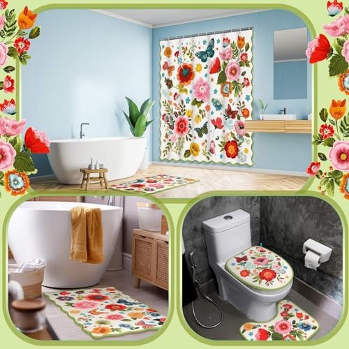 4pcs Spring Shower Curtain Set Spring Boho Floral Bathroom Decor Floral gallery