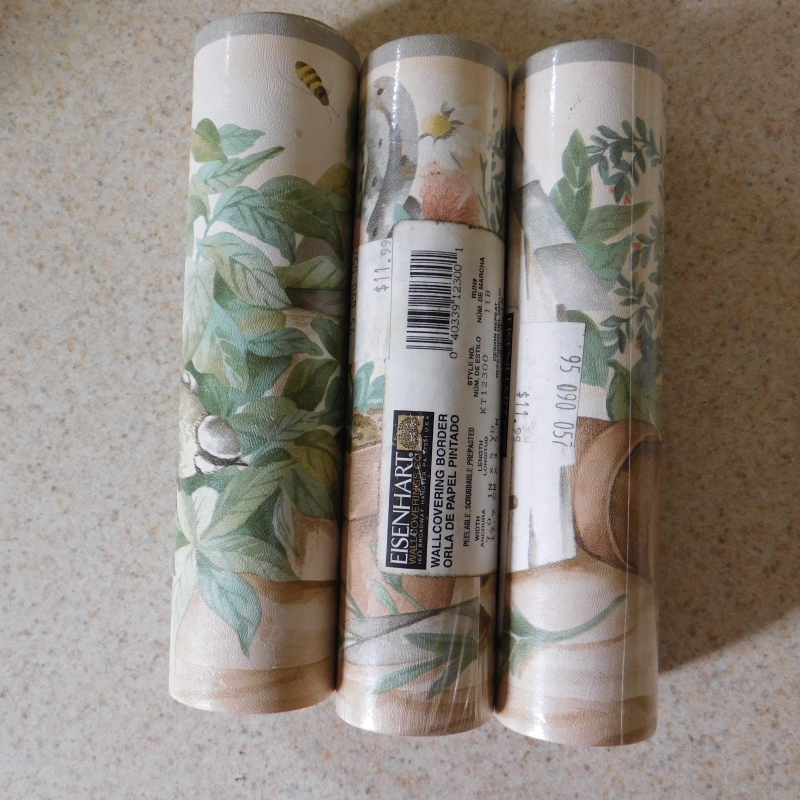 VTG Cottagecore Wallpaper Border Flower Pots Bird Feeder Birds 15 Yards gallery