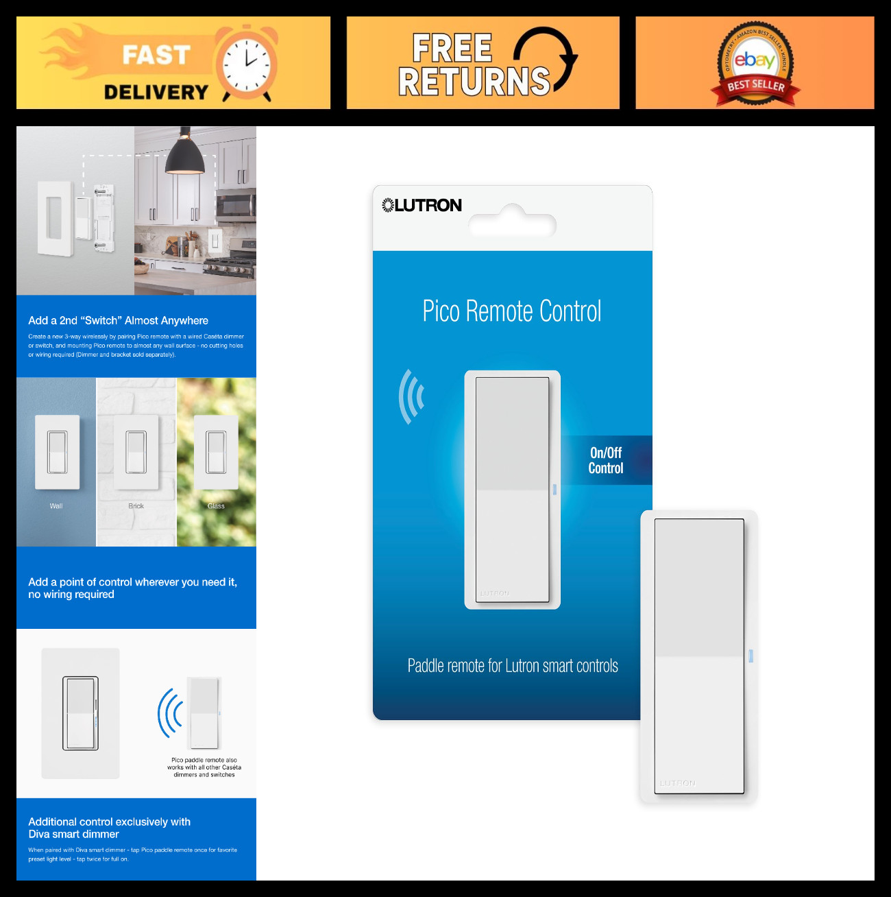 Smart Remote Control for Dimmers & Switches, On/Off, Wall Mount/Tabletop, White gallery