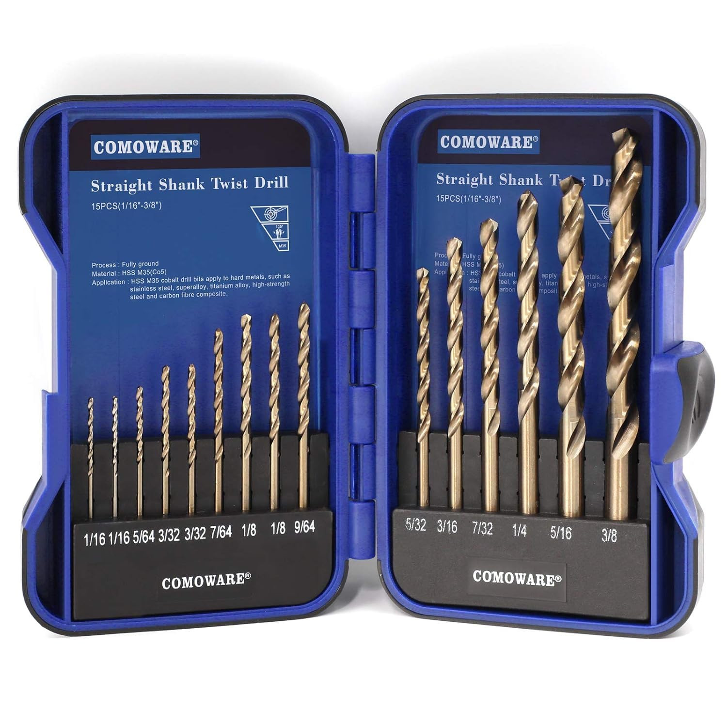 15Pcs Drill Bit Set (1/16"-3/8"), M35 HSS Twist Drill Bits, Jobber Length, Strai gallery