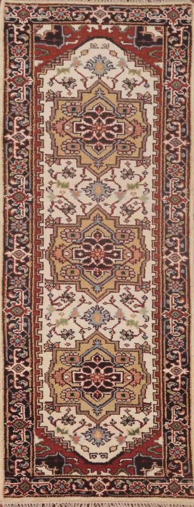 Ivory Geometric Heriz Serapi 8 ft. Runner Rug Wool Hand-knotted 8' 0" x 2' 6"