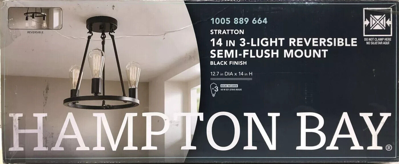 Hampton Bay Stratton 14 in. 3-Light Black Semi Flush Mount HDP00007 - New gallery