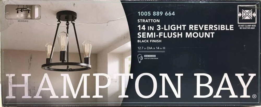 Hampton Bay Stratton 14 in. 3-Light Black Semi Flush Mount HDP00007 - New