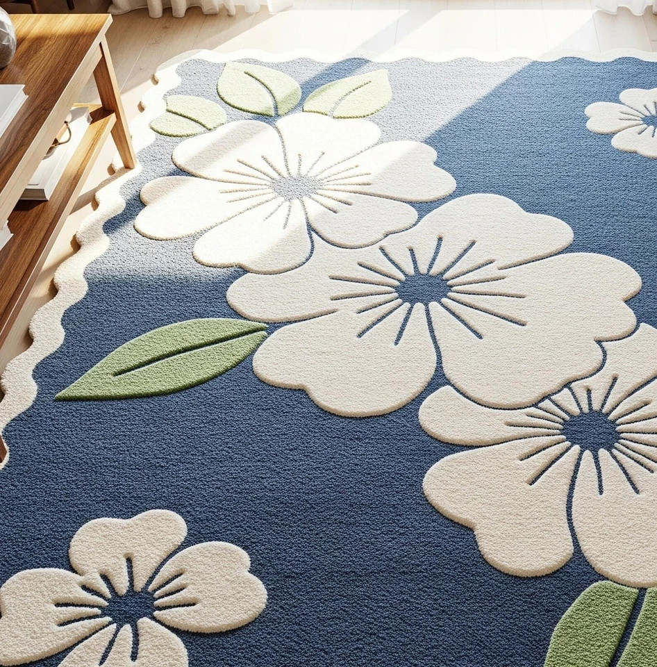 Blue White Green Hand Tufted Wool Rug, Modern Floral Scalloped Area Living Room gallery