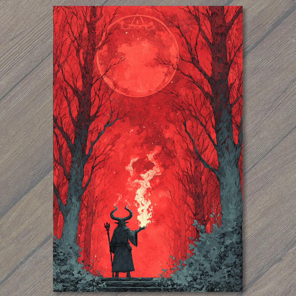 Art Print Horned Figure Red Moon Forest Fire Ritual Dark Fantasy Occult Gothic gallery