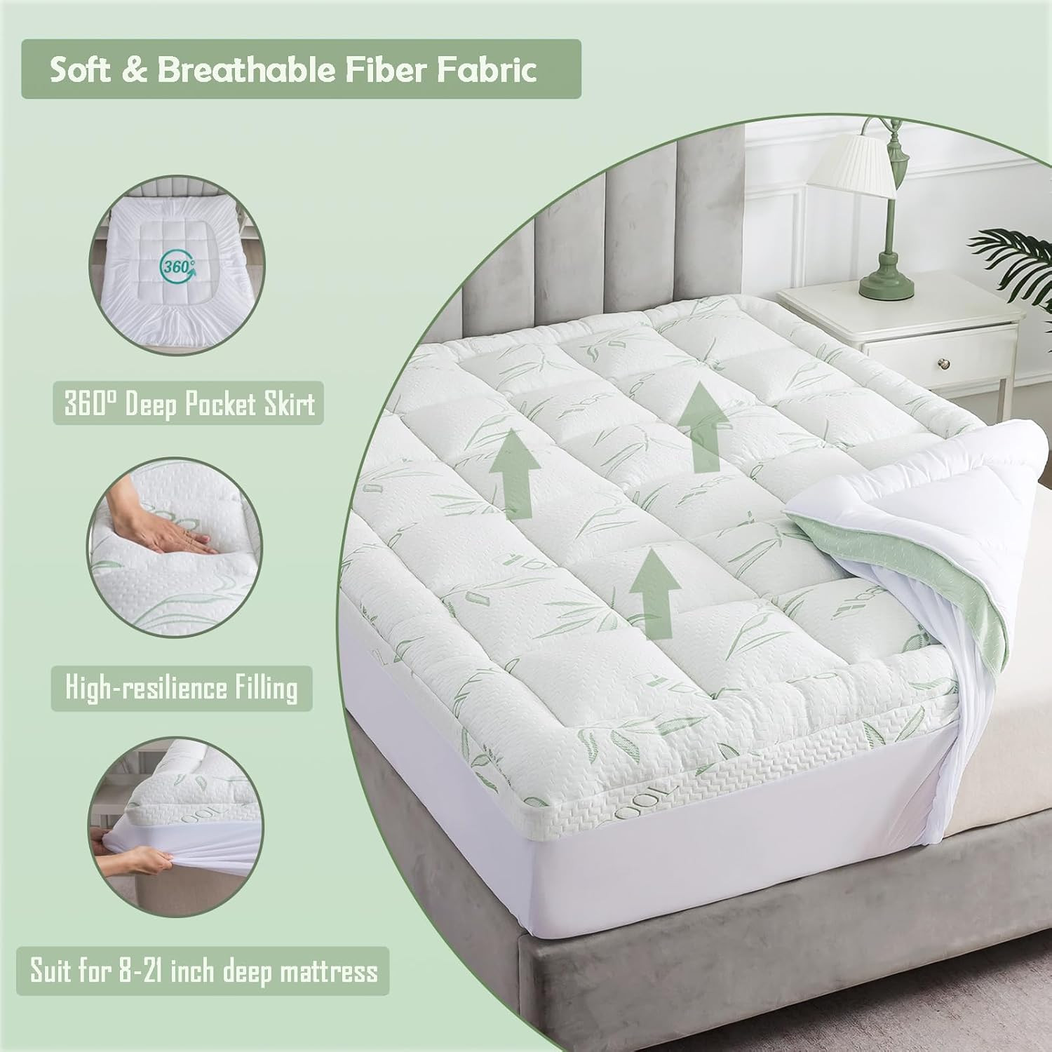 WhatsBedding Mattress Topper Queen, Soft Pillow Top Mattress Topper with Deep Po gallery