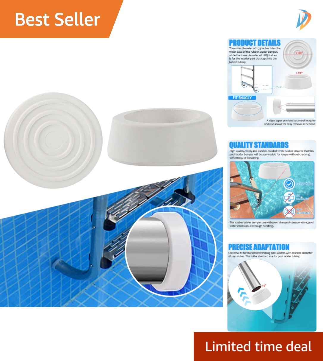 White Ladder Bumper Caps for Inground Pools - 2-Pack, Perfect for 1.9" Tubing gallery