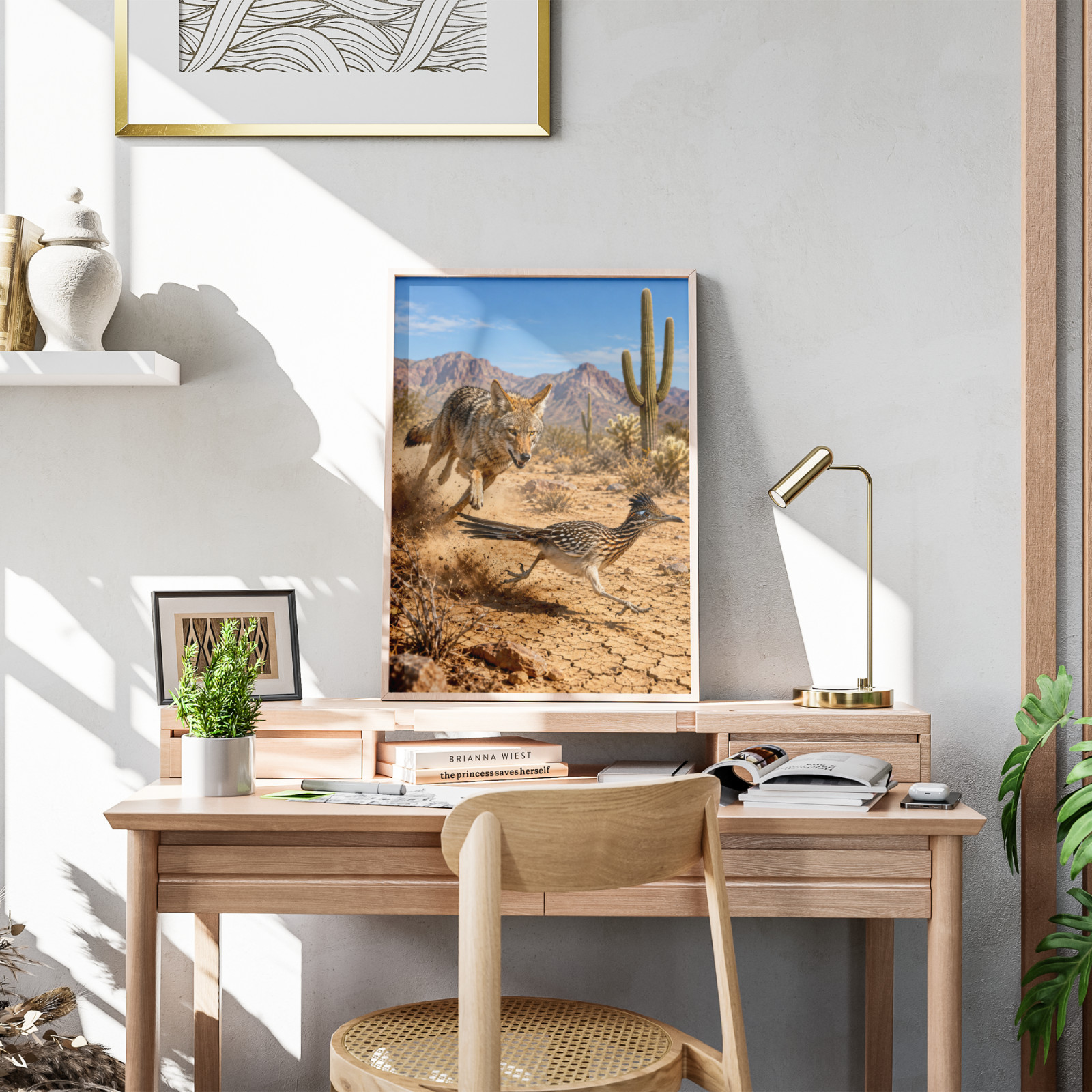 Coyote Chasing Roadrunner Poster Realistic Desert Saguaro Cactus Wall Art Print gallery