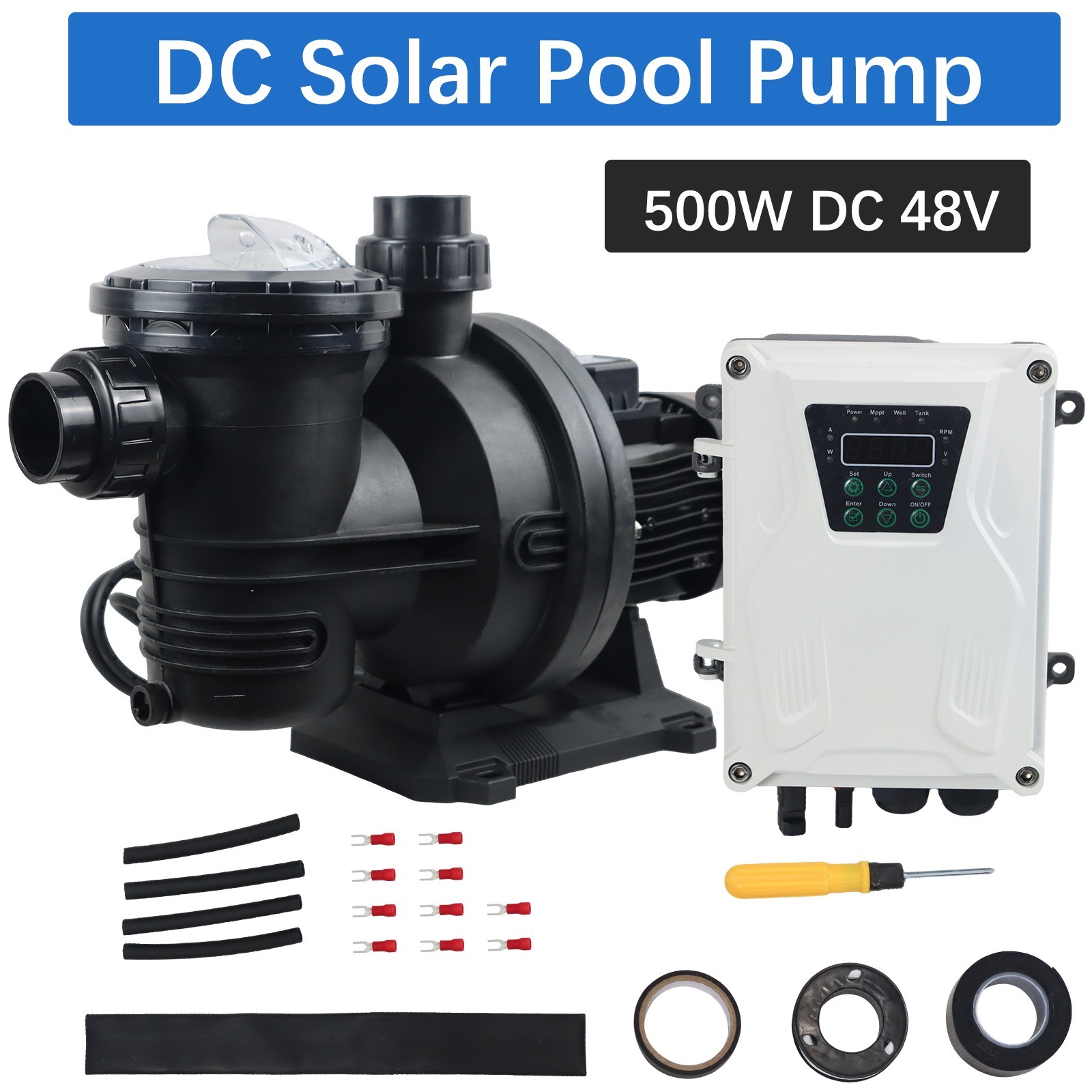 500W Solar Pump Inground Swimming Pool Pump DC48V Brushless Motor 74GPM 49' Hmax gallery
