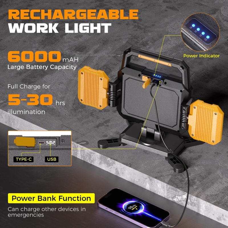 YZONI 40W Rechargeable LED Work Light 4000 Lumens, Cordless Black and Yellow gallery