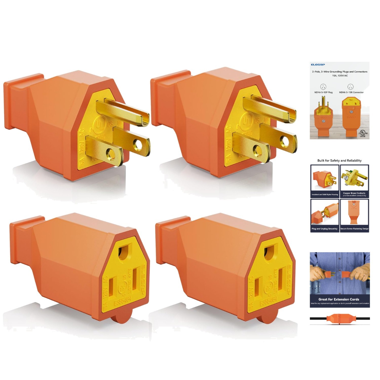 Toughened Brass Plug & Connector Set, Listed, 2x 15A 125V Replacement Ends gallery