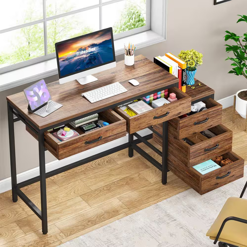 51 In. Rustic Brown Rectangle 5-Drawer Computer Desk, Industrial Desk with Rever gallery