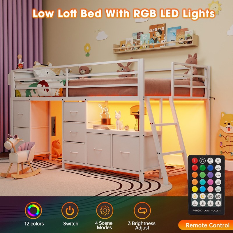 Low Loft Bed Twin Size with 7 Storage Drawers, Bookcase and LED Light，White gallery
