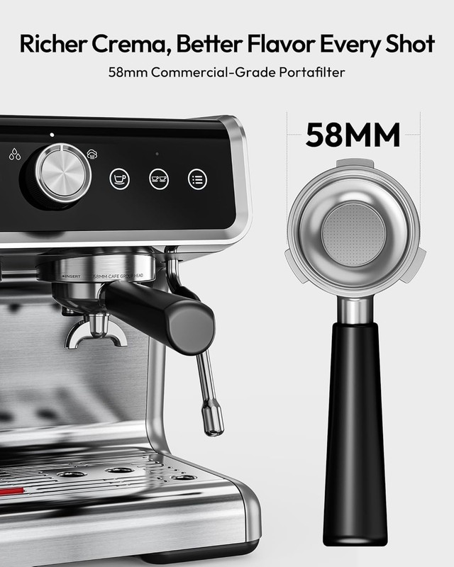 EUHOMY Espresso Machine with Grinder, 20 Bar Coffee Maker - Silver - Model CM002 gallery
